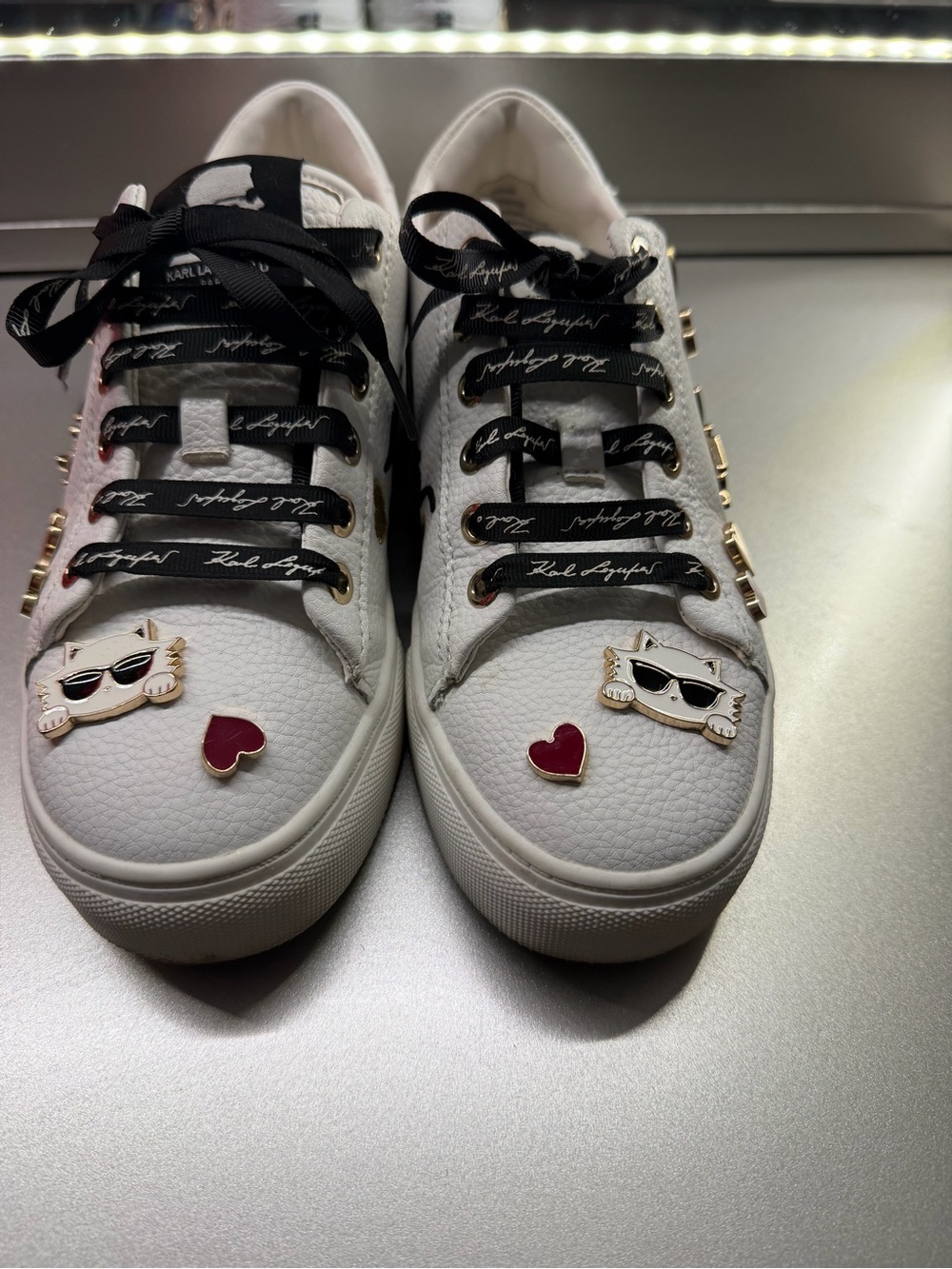 Karl Lagerfeld White Sneakers with Black Accents, Red Heart & Gold Cat Charms
